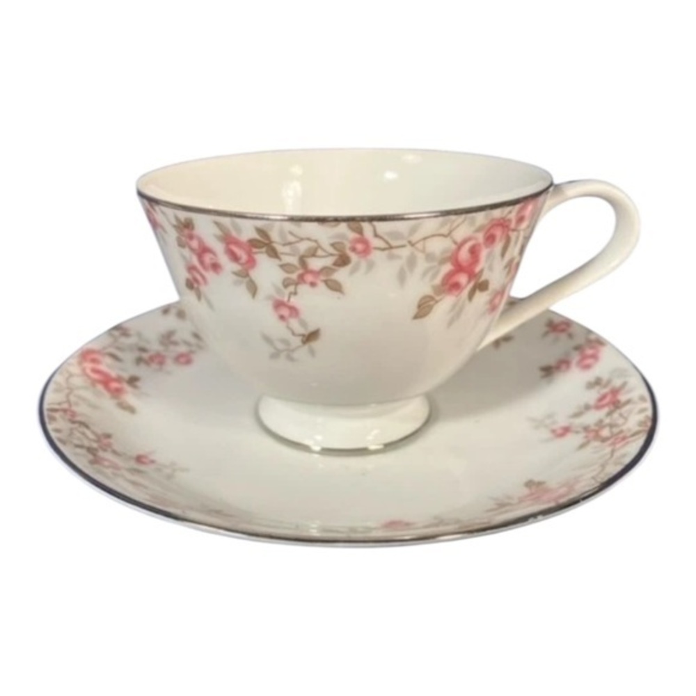 Vintage SANGO‎ Pink Rose SOMERSET Cup & Saucer Set PLATINUM Trim JAPAN